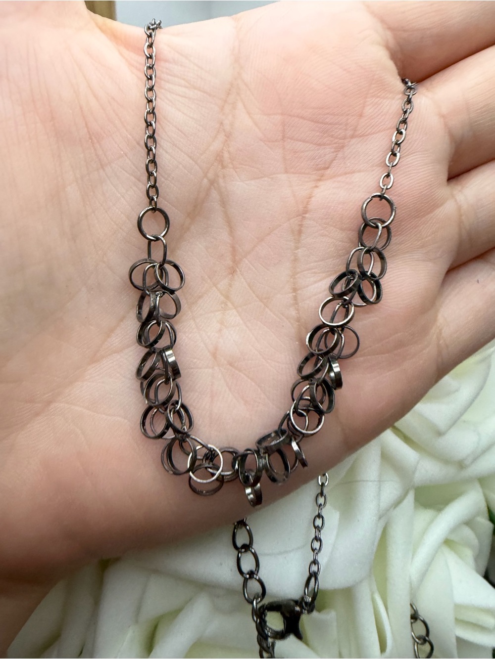 Rhodium Blackened Circle Link Necklace -